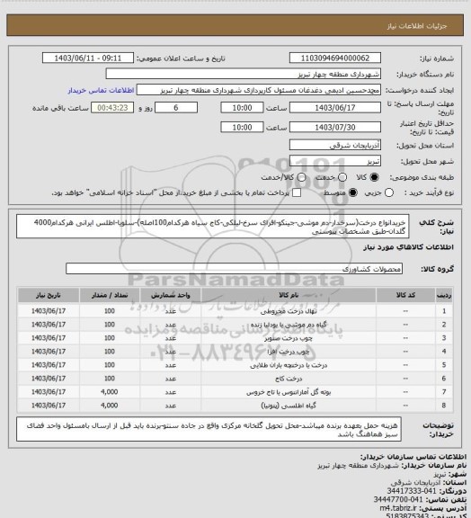 استعلام خریدانواع درخت(سرخدار-دم موشی-جینکو-افرای سرخ-لیلکی-کاج سیاه هرکدام100اصله)-سلویا-اطلس ایرانی هرکدام4000 گلدان-طبق مشخصات پیوستی