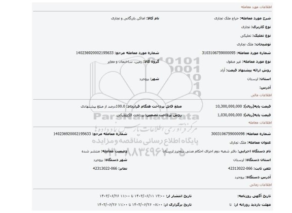 مزایده، ملک تجاری