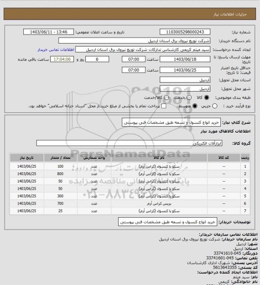 استعلام خرید انواع کنسول و تسمه طبق مشخصات فنی پیوستی