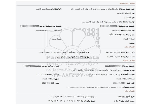 مزایده، ملک واقع در عباس آباد، کوچه گرده پزی، کوچه فخرآباد (باغ)