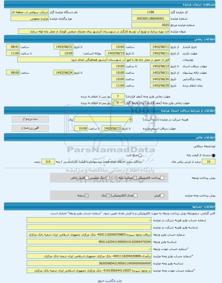 مزایده ، اذن بهره برداری و توزیع آب توسط کارگزار در شهرستان آذرشهر برای مصارف صنعتی کوچک از محل چاه لوله سازی -مزایده حق کسب و پ