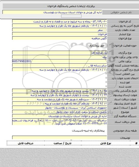 مناقصه, تکمیل اسکلت و سفت کاری خانه جوان چابهار