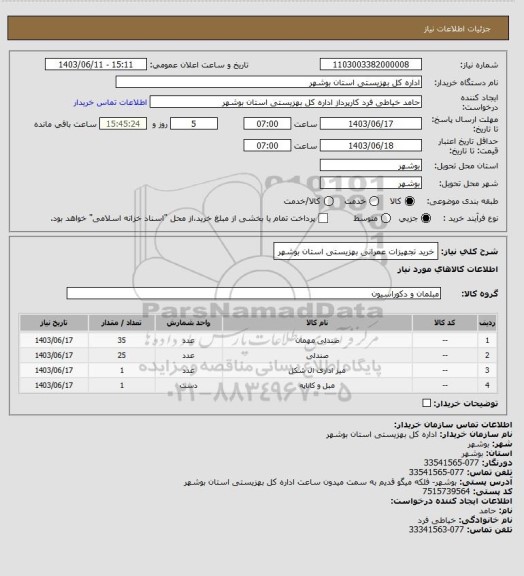 استعلام خرید تجهیزات عمرانی بهزیستی استان بوشهر