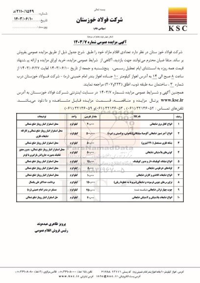 مزایده عمومی فروش انواع کابل برق ضایعاتی...