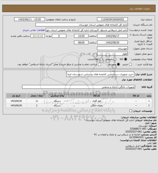 استعلام خرید تجهیزات سرمایشی  کتابخنه های روستایی شهرستان ایذه