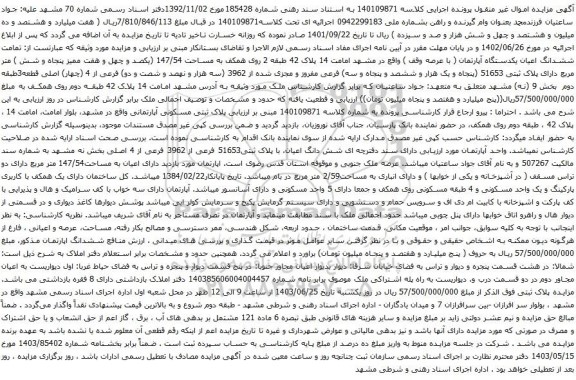 آگهی مزایده ششدانگ اعیان یکدستگاه آپارتمان ( با عرصه وقف ) واقع در مشهد امامت 14 پلاک 42 طبقه 2 روی همکف به مساحت 147/54