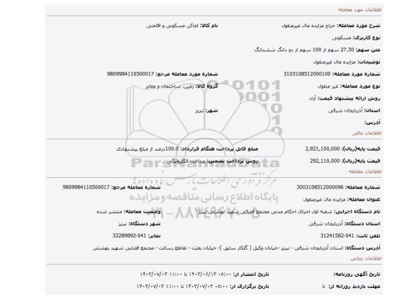 مزایده، مزایده مال غیرمنقول