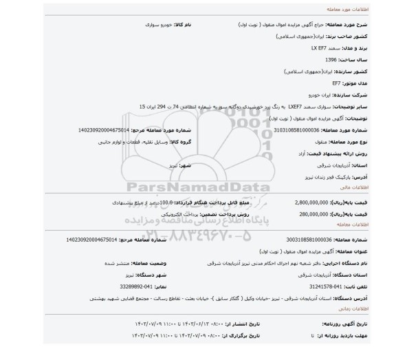 مزایده، آگهی مزایده اموال منقول ( نوبت اول)