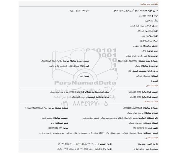 مزایده، اگهی فروش اموال منقول