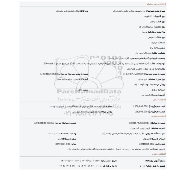 مزایده، فروش ملک و اراضی کشاورزی