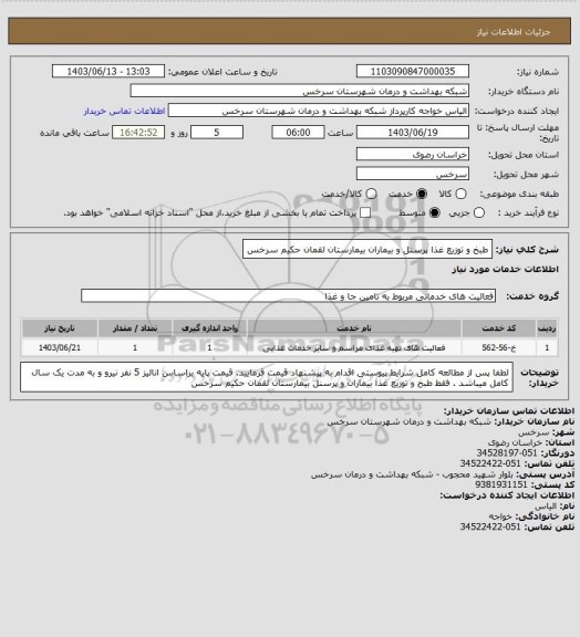 استعلام  طبخ و توزیع غذا پرسنل و بیماران بیمارستان لقمان حکیم سرخس