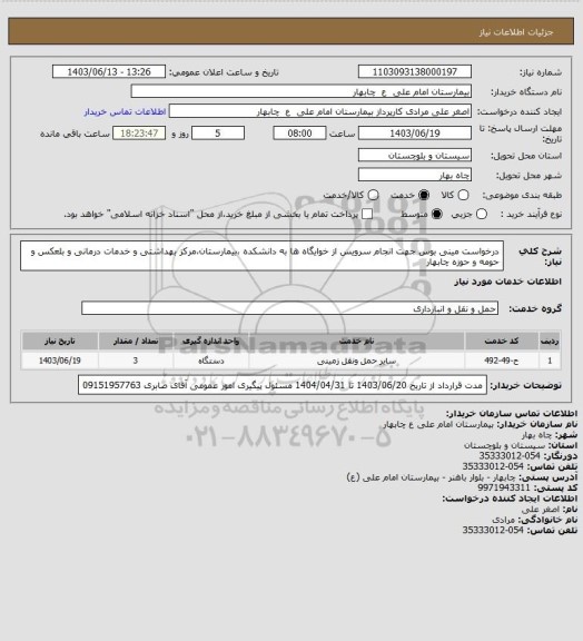 استعلام درخواست مینی بوس جهت انجام سرویس از خوایگاه ها به دانشکده ،بیمارستان،مرکز بهداشتی و خدمات درمانی و بلعکس و حومه و حوزه چابهار