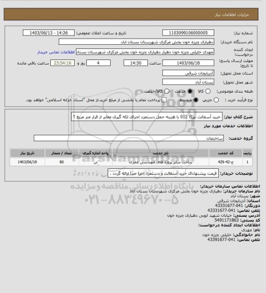 استعلام خرید آسفالت توپکا 012 با هزینه حمل
دستمزد اجرای لکه گیری معابر از قرار متر مربع ؟