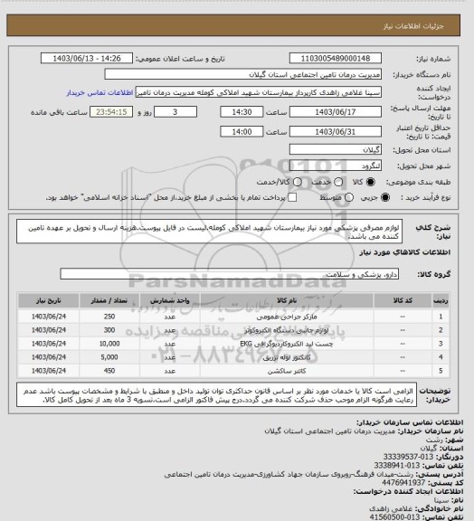 استعلام لوازم مصرفی پزشکی مورد نیاز بیمارستان شهید املاکی کومله.لیست در فایل پیوست.هزینه ارسال و تحویل بر عهده تامین کننده می باشد.