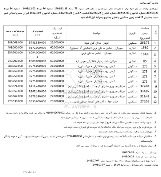 تجدید مزایده فروش 12 قطعه زمین مسکونی و تجاری 