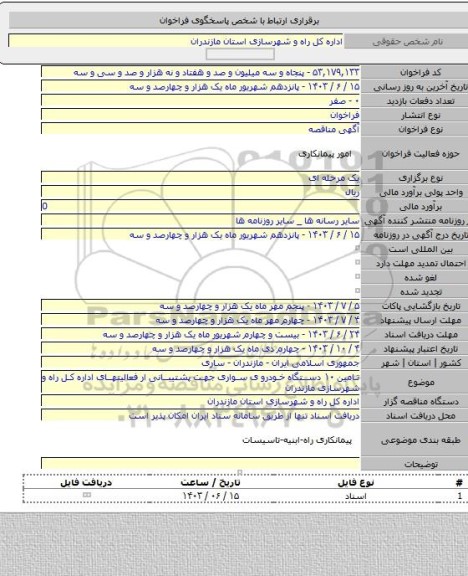 مناقصه, تامین ۱۰ دستگاه خودرو ی سواری جهت پشتیبانی ار فعالیتهای اداره کل راه و شهرسازی مازندران