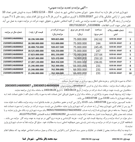 مزایده فروش نقدی 10 قطعه زمین از اراضی تفکیکی با کاربری مسکونی 