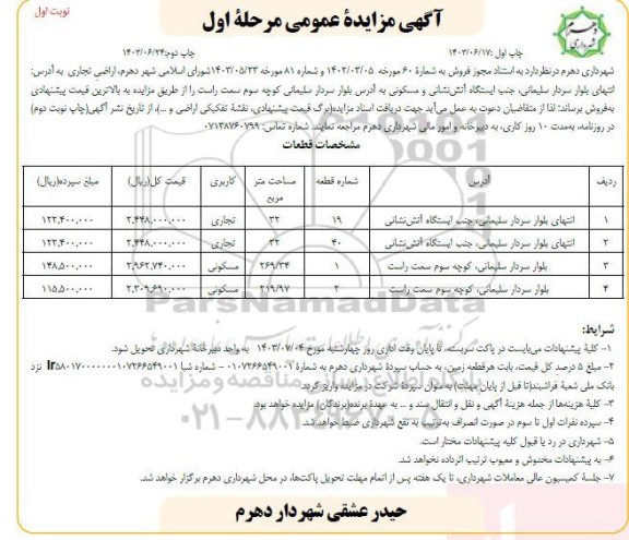 مزایده فروش اراضی تجاری و مسکونی 