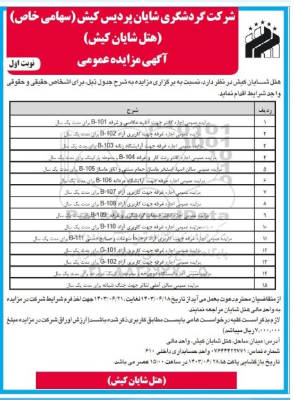 مزایده عمومی اجاره کانتر جهت آتلیه عکاسی و غرفه B-101 و ... 