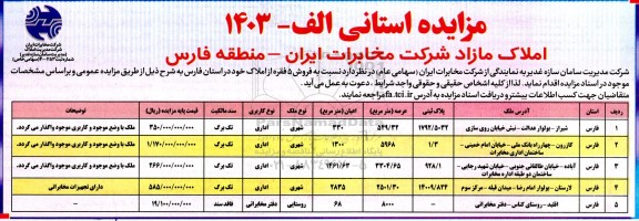 مزایده فروش 5 فقره از املاک