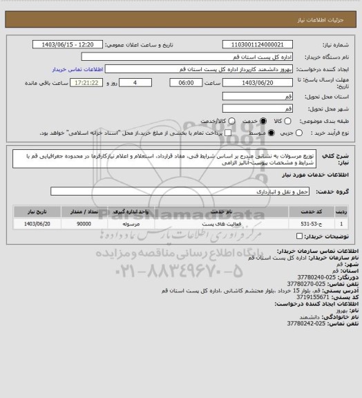 استعلام توزیع مرسولات به نشانی مندرج بر اساس شرایط فنی، مفاد قرارداد، استعلام و اعلام نیازکارفرما در محدوده جغرافیایی قم با شرایط و مشخصات پیوست-آنالیز الزامی