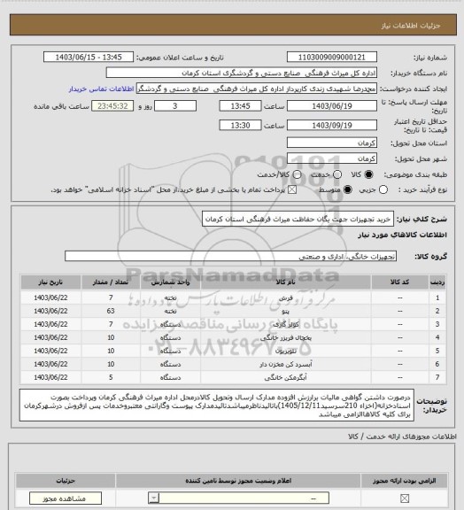 استعلام خرید تجهیزات جهت یگان حفاظت میراث فرهنگی استان کرمان