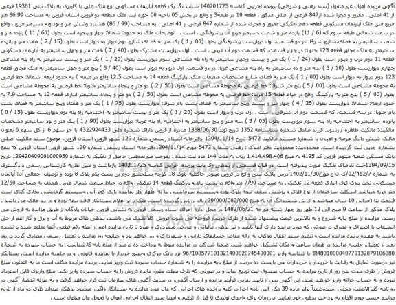 آگهی مزایده ششدانگ یک قطعه آپارتمان مسکونی نوع ملک طلق با کاربری به پلاک ثبتی 19361 فرعی از 41 اصلی ، مفروز و مجزا شده از847 فرعی از اصلی 