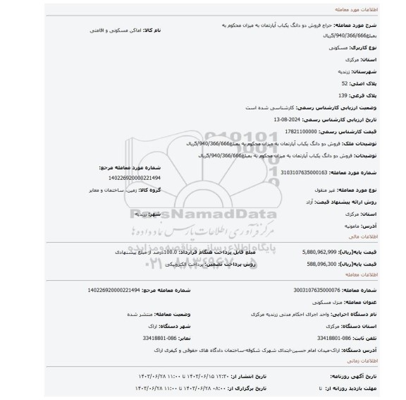 مزایده، فروش دو دانگ یکباب آپارتمان به میزان محکوم به بمبلغ5/940/366/666ریال