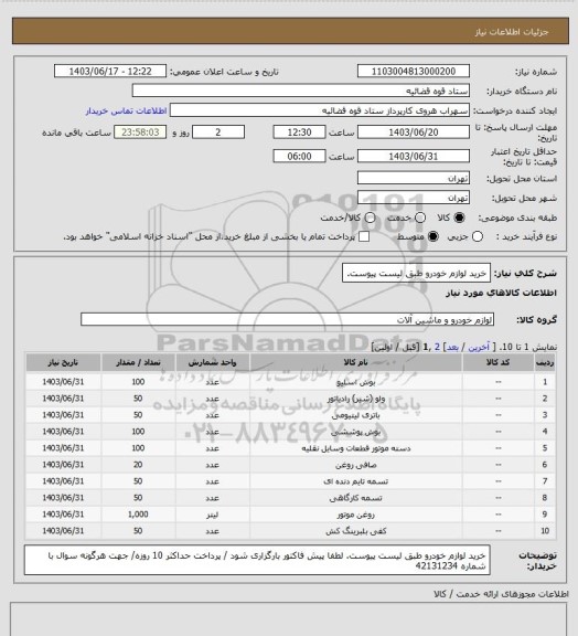 استعلام خرید لوازم خودرو طبق لیست پیوست.