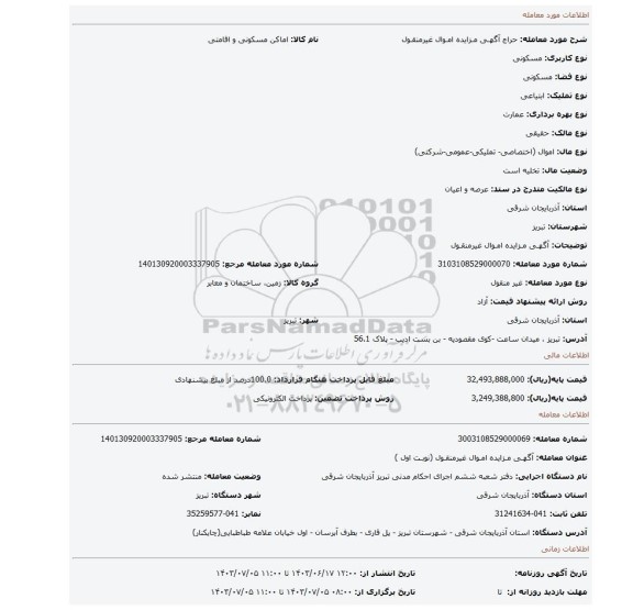 مزایده، آگهـی مـزایده امـوال غیرمنقـول