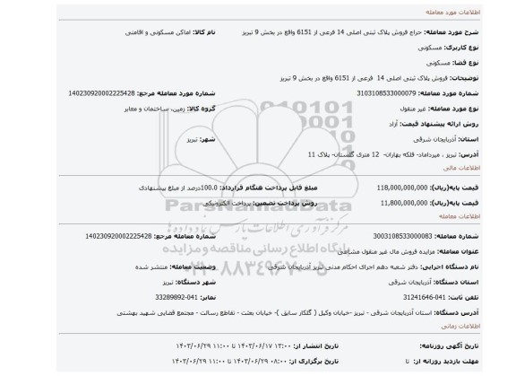 مزایده، فروش پلاک ثبتی اصلی 14  فرعی از 6151 واقع در بخش 9 تبریز