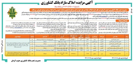 مزایده فروش 7 ملک کشاورزی، گاوداری، زمین زراعی و زمین مسکونی