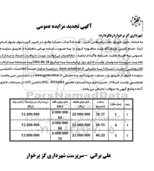 مزایده واگذاری تعداد 3 باب مغازه تجدید