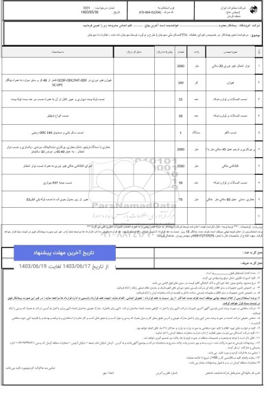 استعلام تعیین پیمانکار در خصوص اجرای عملیات FTTH 