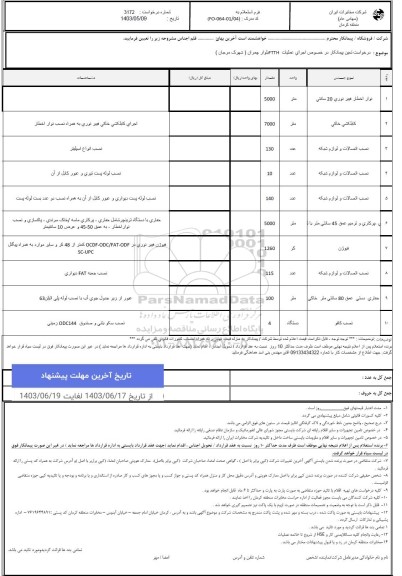 استعلام تعیین پیمانکار در خصوص اجرای عملیات FTTH 