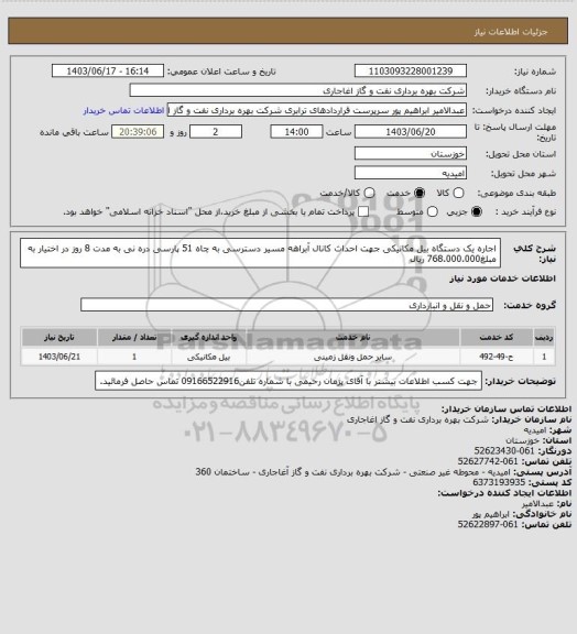 استعلام اجاره یک دستگاه بیل مکانیکی جهت احداث کانال آبراهه مسیر دسترسی به چاه 51 پارسی دره نی به مدت 8 روز در اختیار به مبلغ768.000.000 ریال