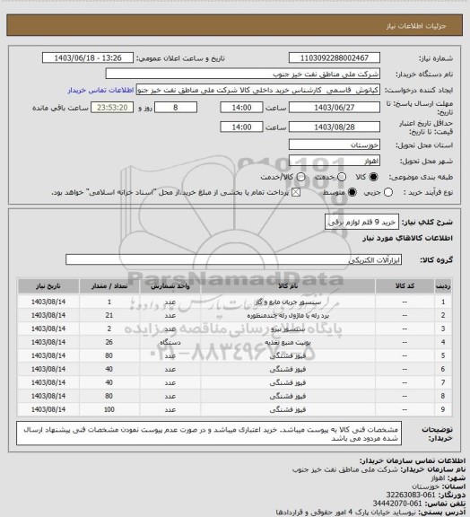 استعلام خرید 9 قلم لوازم برقی