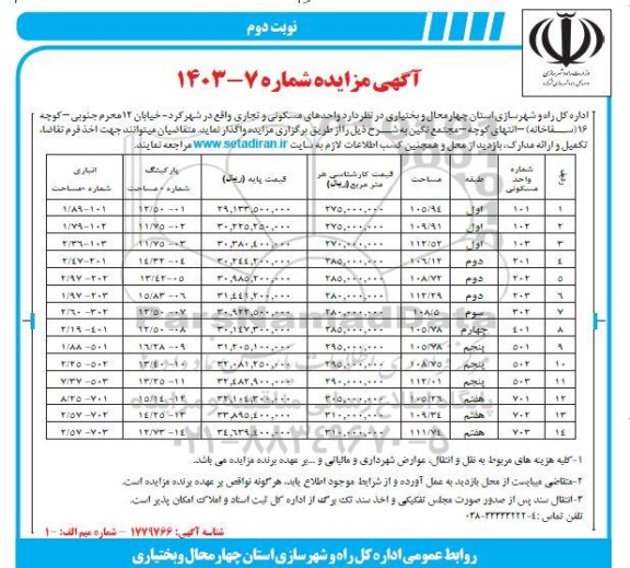 مزایده واحدهای مسکونی و تجاری نوبت دوم 