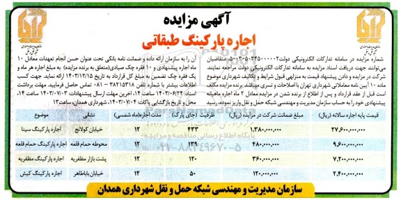 مزایده اجاره پارکینگ طبقاتی