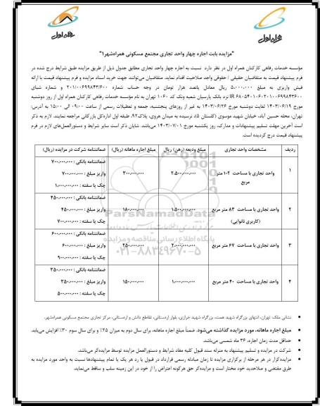 مزایده اجاره چهار واحد تجاری مجتمع مسکونی همراه شهر 1 