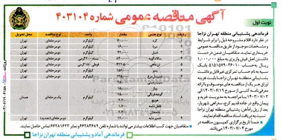 مناقصه عمومی خرید اقلام، کره، مربا....