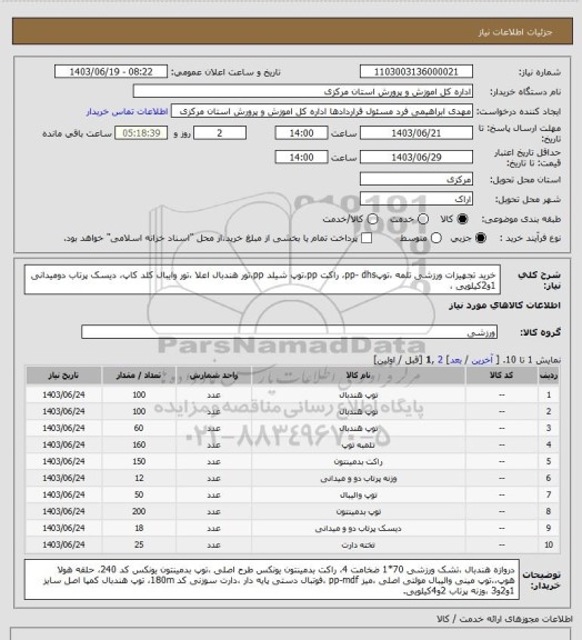 استعلام خرید تجهیزات ورزشی تلمه ،توپpp- dhs، راکت pp،توپ شیلد pp،تور هندبال اعلا ،تور وایبال کلد کاپ، دیسک پرتاب دومیدانی 1و2کیلویی ،