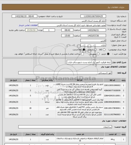 استعلام ارتقا ظرفیت کنتور برق اداره پست شهرستان داراب