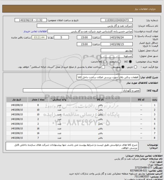 استعلام قطعات یدکی بالابر-جهت بررسی امکان ساخت داخل کالا