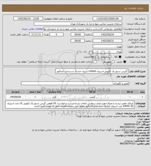 استعلام گریس نسوز یک کیلویی،اسپری WD40،اسپری خشک شستشو کنتاکتور