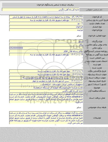 مزایده, تجدید مزایده اجاره فروشگاه چهارم آذر ایستگاه اندیمشک