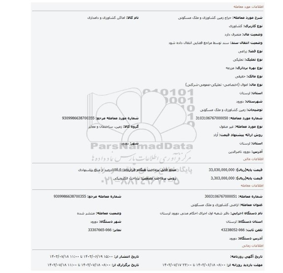 مزایده، زمین کشاورزی و ملک مسکونی