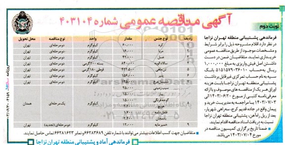 مناقصه عمومی خرید اقلام، کره، مربا.... نوبت دوم 