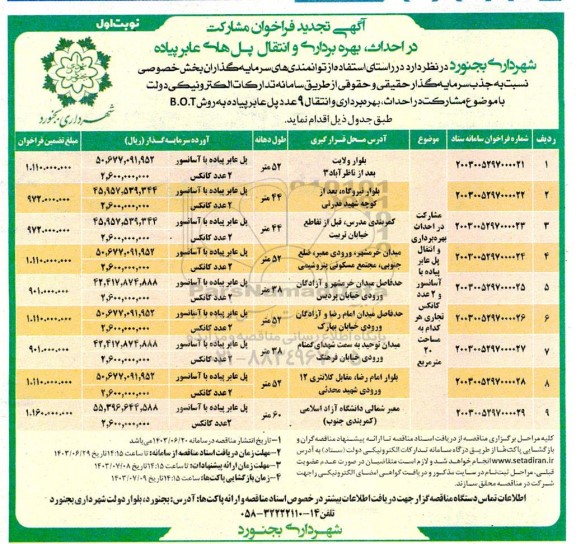 تجدید فراخوان مشارکت در احداث، بهره برداری و انتقال پلهای عابر پیاده 