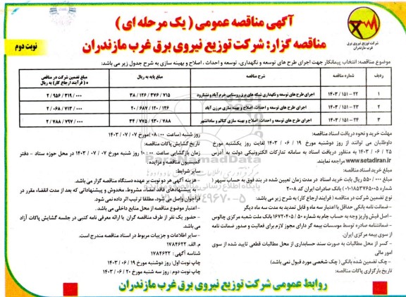 مناقصه انتخاب پیمانکار جهت اجرای طرح های توسعه و نگهداری، توسعه و احداث، اصلاح و بهینه سازی- نوبت دوم